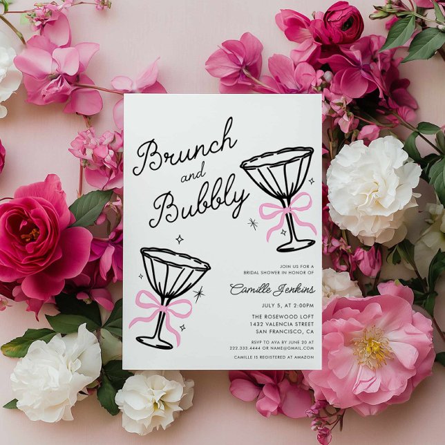 Rosa Brunch och BubLY Whimsical Hand plockade Inbjudningar (Pink Brunch and Bubbly Bridal Shower Invitation)