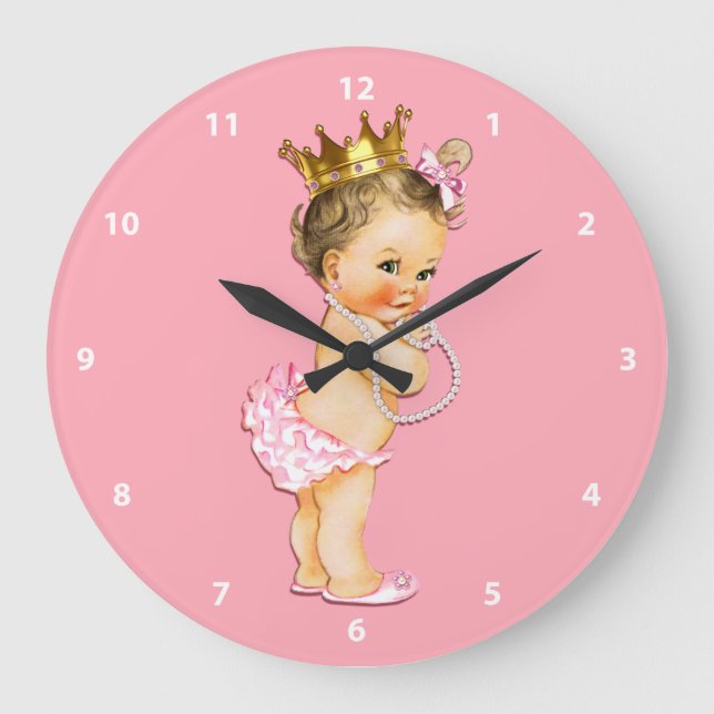 Rosa brunettbabyPrincess och pärlor Stor Klocka (Framsida)