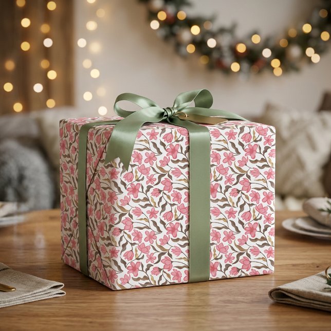 Rosa Brunt Guld Vildblomma Akvarell Presentpapper (Pink Brown Gold Wildflower Watercolor Wrapping Paper)
