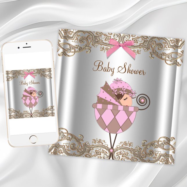 Rosa brunt spets flicka baby shower inbjudningar (Pink brown baby shower invitation with cute baby. Instant download and printed invitations available)