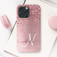  Rosa Brushed Metall Glitter Monogram Namn