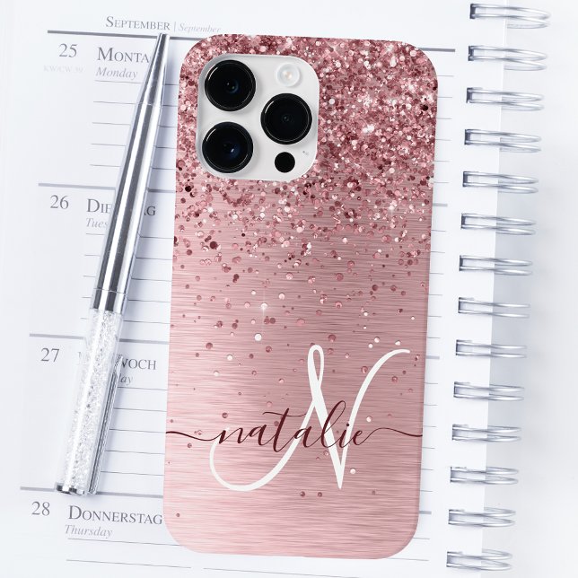  Rosa Brushed Metall Glitter Monogram Namn (Skapare uppladdad)
