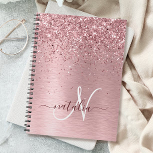  Rosa Brushed Metall Glitter Monogram Namn Anteckningsbok