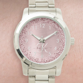  Rosa Brushed Metall Glitter Monogram Namn Armbandsur
