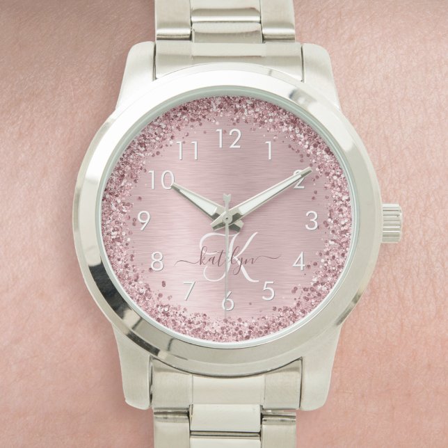  Rosa Brushed Metall Glitter Monogram Namn Armbandsur (Skapare uppladdad)