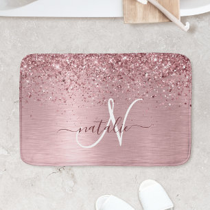 Rosa Brushed Metall Glitter Monogram Namn Badrumsmatta