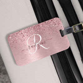  Rosa Brushed Metall Glitter Monogram Namn Bagagebricka