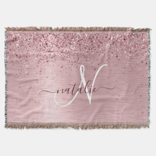  Rosa Brushed Metall Glitter Monogram Namn Filt (Framsidan)