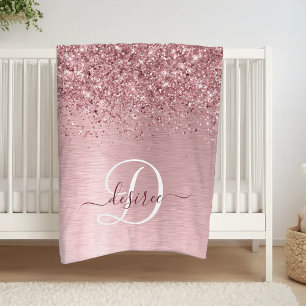  Rosa Brushed Metall Glitter Monogram Namn Fleecefilt