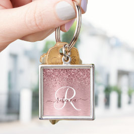  Rosa Brushed Metall Glitter Monogram Namn Fyrkantig Silverfärgad Nyckelring