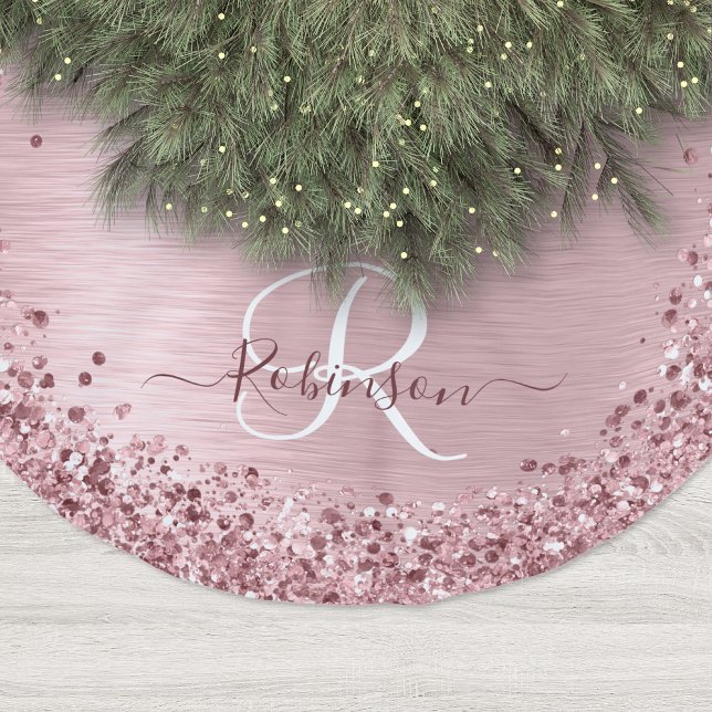  Rosa Brushed Metall Glitter Monogram Namn Julgransmatta Borstad Polyester (Skapare uppladdad)