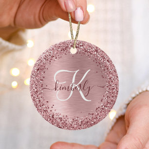 Rosa Brushed Metall Glitter Monogram Namn Julgransprydnad Keramik
