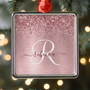  Rosa Brushed Metall Glitter Monogram Namn Julgransprydnad Metall