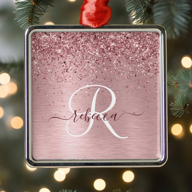  Rosa Brushed Metall Glitter Monogram Namn Julgransprydnad Metall (Skapare uppladdad)