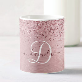  Rosa Brushed Metall Glitter Monogram Namn Kaffemugg