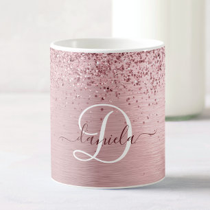 Rosa Brushed Metall Glitter Monogram Namn Kaffemugg