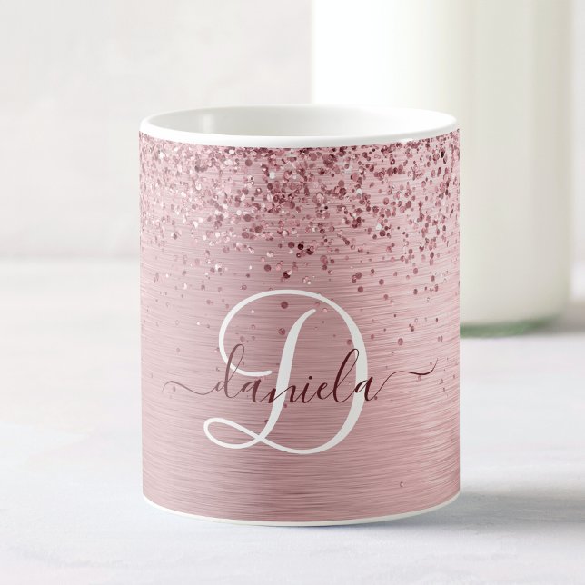  Rosa Brushed Metall Glitter Monogram Namn Kaffemugg (Skapare uppladdad)