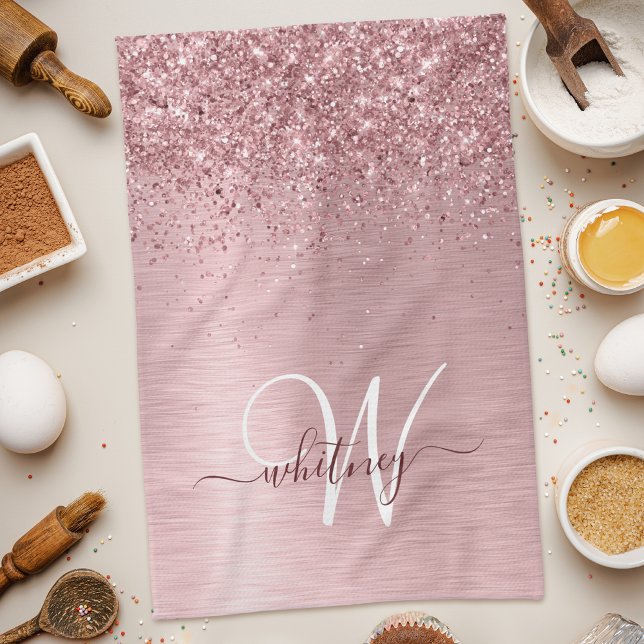  Rosa Brushed Metall Glitter Monogram Namn Kökshandduk (Skapare uppladdad)