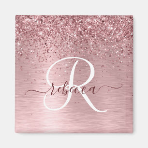 Rosa Brushed Metall Glitter Monogram Namn Magnet