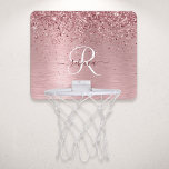 Rosa Brushed Metall Glitter Monogram Namn Mini-Basketkorg<br><div class="desc">Anpassa chicen mini basketball ring på trendig enkelt med söt  rosa som gnistar glitter på en  rosa med borstad metallbakgrund.</div>