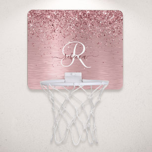  Rosa Brushed Metall Glitter Monogram Namn Mini-Basketkorg