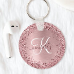 Rosa Brushed Metall Glitter Monogram Namn Nyckelring<br><div class="desc">Anpassa enkelt den här chicen för trendig- med söt  rosa som mousserar glitter på en ,  borstad metallbakgrund från rosan.</div>