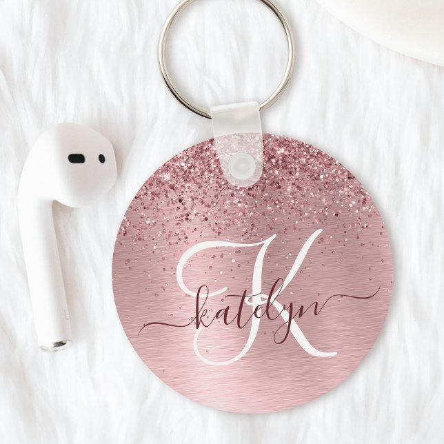  Rosa Brushed Metall Glitter Monogram Namn Nyckelring (Skapare uppladdad)