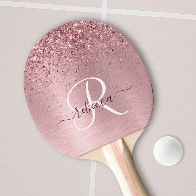  Rosa Brushed Metall Glitter Monogram Namn Pingisracket (Skapare uppladdad)