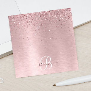 Rosa Brushed Metall Glitter Monogram Namn Post-it Block