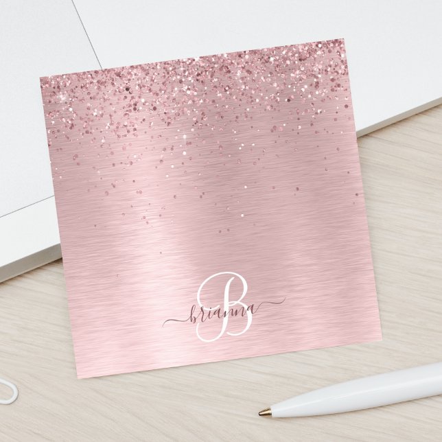  Rosa Brushed Metall Glitter Monogram Namn Post-it Block (Skapare uppladdad)