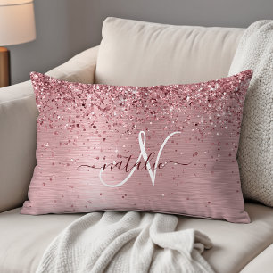  Rosa Brushed Metall Glitter Monogram Namn Prydnadskudde