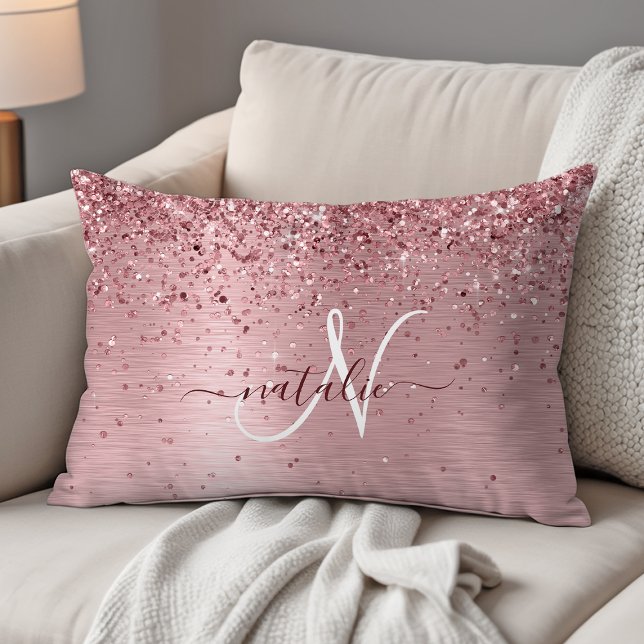  Rosa Brushed Metall Glitter Monogram Namn Prydnadskudde (Skapare uppladdad)