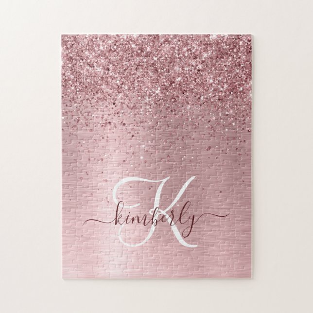  Rosa Brushed Metall Glitter Monogram Namn Pussel (Vertikal)