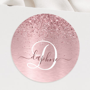 Rosa Brushed Metall Glitter Monogram Namn Runt Klistermärke