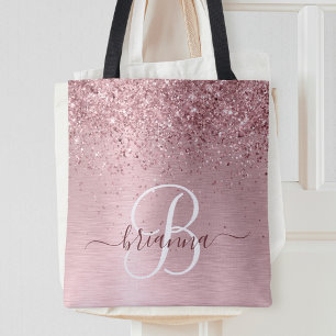 Rosa Brushed Metall Glitter Monogram Namn Tygkasse