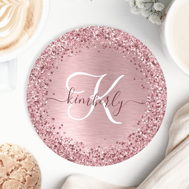  Rosa Brushed Metall Glitter Monogram Namn Underlägg Papper Rund (Skapare uppladdad)