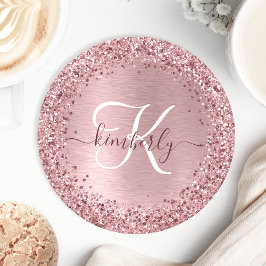  Rosa Brushed Metall Glitter Monogram Namn Underlägg Papper Rund