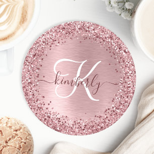  Rosa Brushed Metall Glitter Monogram Namn Underlägg Papper Rund