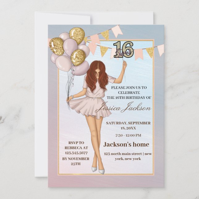  Rosa Bubbar Ro Guld Sweet sixteen Inbjudningar (Framsida)