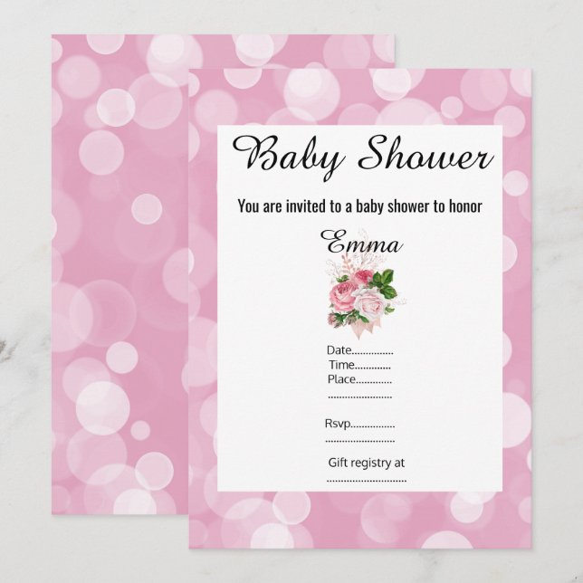 ROSA BUBBLE BLOMMIGT BABY SHOWER-INBJUDAN INBJUDNINGAR (Fram/baksida)