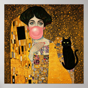 Rosa Bubble Gum Dam med Black Cat Gustav Klimt Poster