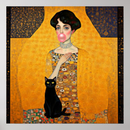 Rosa Bubble Gum Dam med Black Cat Gustav Klimt Poster