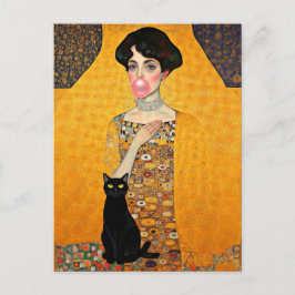 Rosa Bubble Gum Dam med Black Cat Gustav Klimt Vykort
