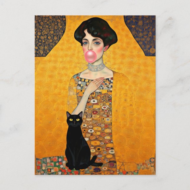 Rosa Bubble Gum Dam med Black Cat Gustav Klimt Vykort (Framsida)