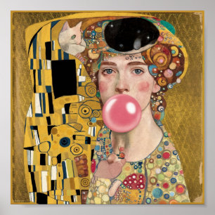 Rosa Bubble Gum Dam med Gustav Klimt Art Poster