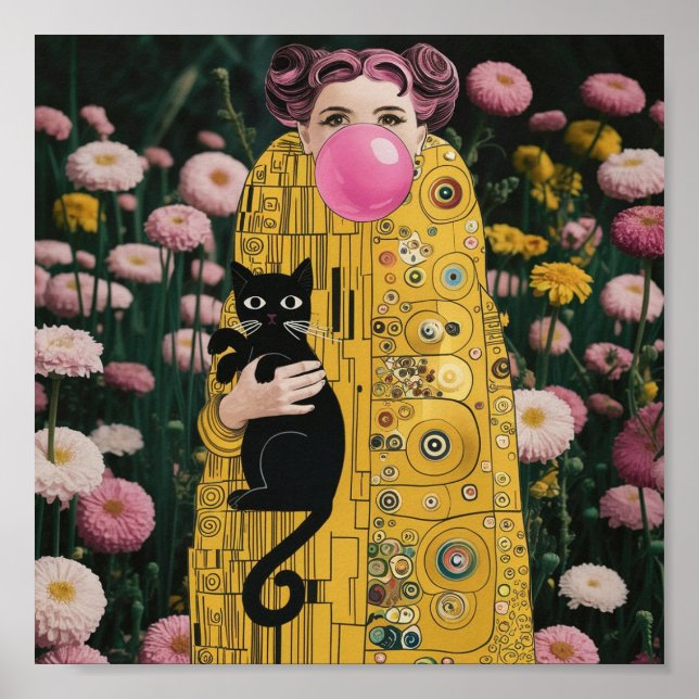 Rosa Bubble Gum Dam med Gustav Klimt Art Poster (Framsidan)