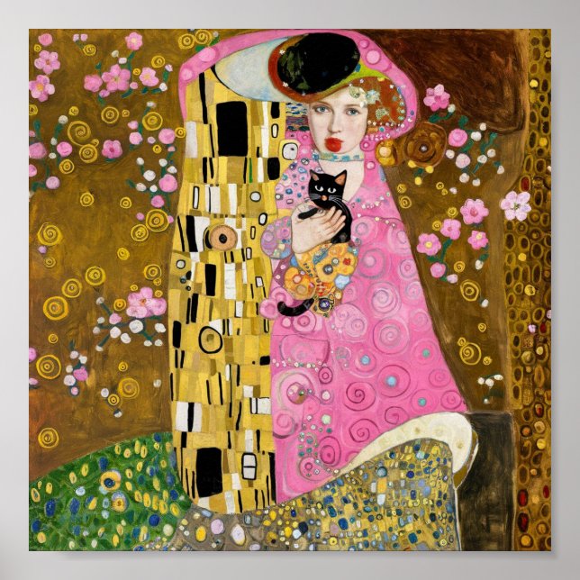 Rosa Bubble Gum Dam med Gustav Klimt Art Poster (Framsidan)