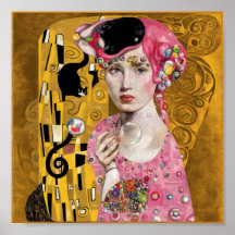 Rosa Bubble Gum Dam med Gustav Klimt Kattkonst