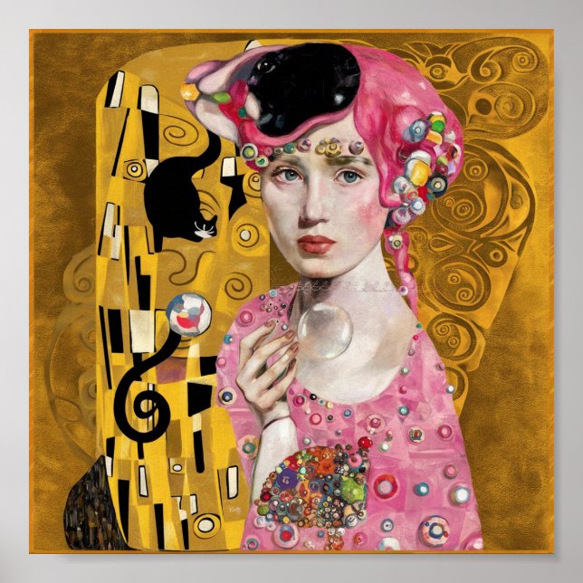 Rosa Bubble Gum Dam med Gustav Klimt Kattkonst Poster (Framsidan)