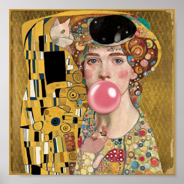 Rosa Bubble Gum Dam med Gustav Klimt Kattkonst Poster (Framsidan)